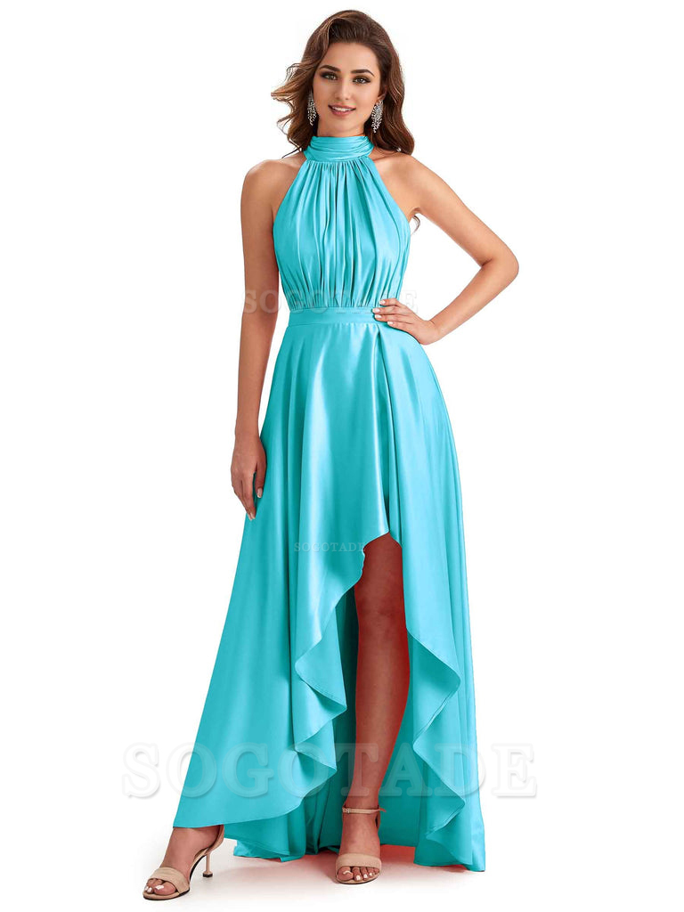 Soft Satin High Neck High Low A-Line Unique Bridesmaid Dresses Online