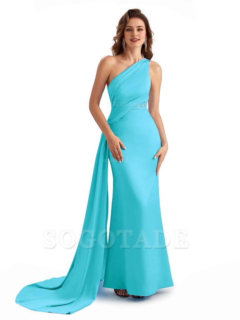 Sexy Mermaid Silky Satin One Shoulder Lace See Through Long Bridesmaid Dresses Online