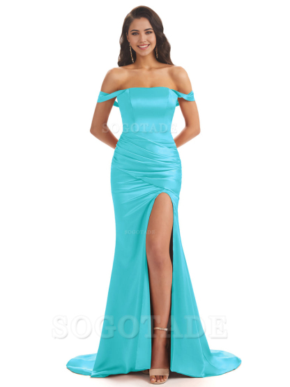 Mermaid Off Shoulder Floor-Length Satin formal dresses evening gown Bridesmaid Dresses With Side Slit 