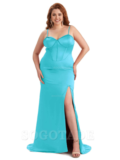 Sexy Spaghetti Straps Side Slit Sleeveless Mermaid Soft Satin Long Bridesmaid Dress Plus Size Dress To Wear to a Wedding