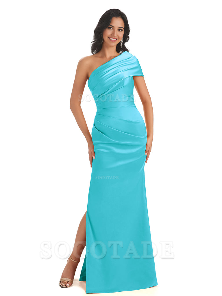 Mermaid One Shoulder Satin Long formal dresses evening gown Bridesmaid Dresses With Side Slit 