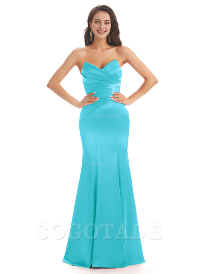 Simple Strapless Sweetheart Soft Satin Mermaid Long Bridesmaid Dresses prom shop dresses