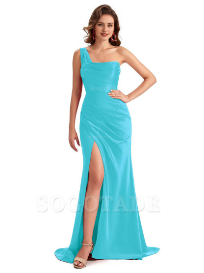 Sexy One Shoulder Side Slit Silky Satin Chic Long Mermaid Trumpet Bridesmaid Dress