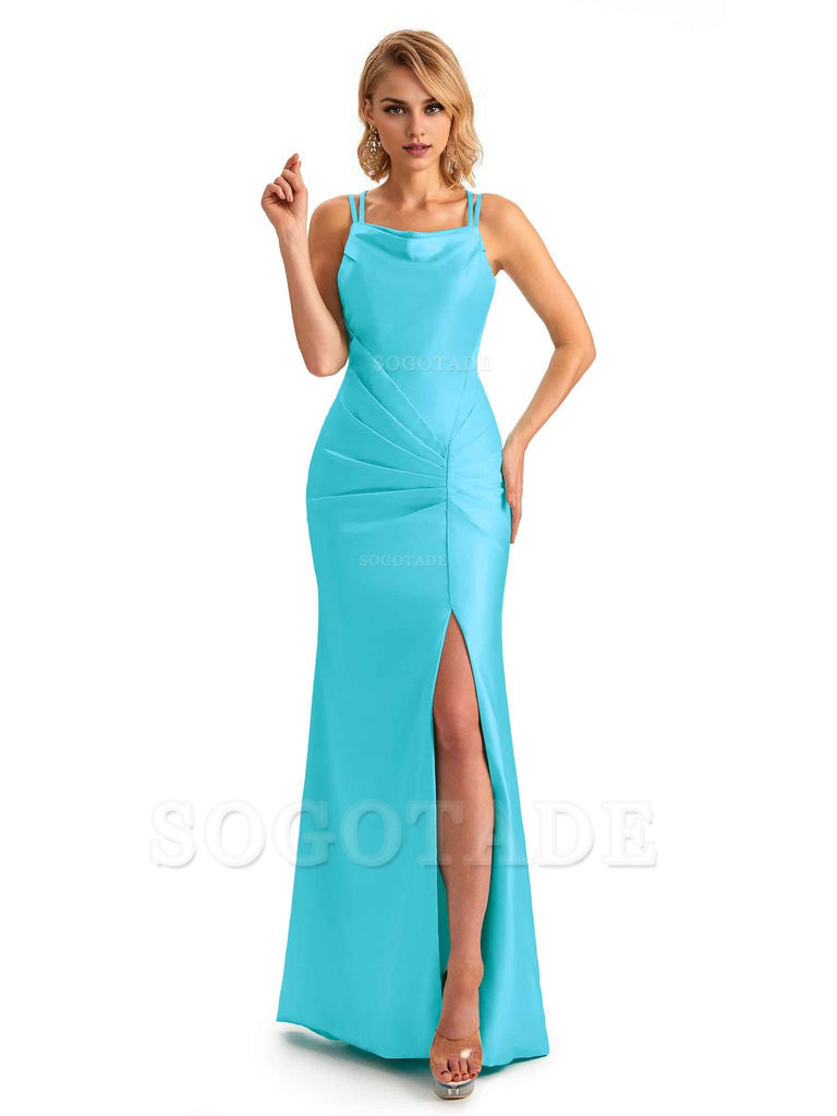 Soft Satin Spaghetti Straps Side Slit Long Unique Mermaid Beautiful Dresses For Wedding