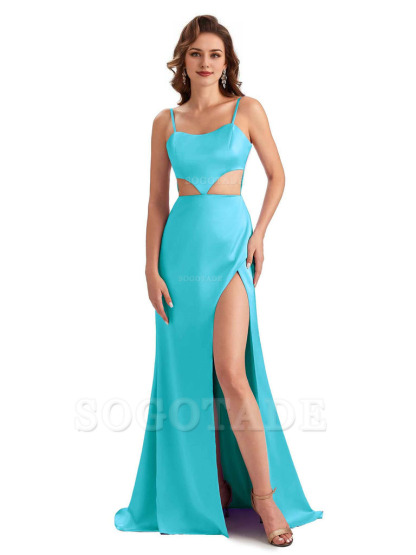 Sexy Satin Side Slit Spaghetti Straps Mermaid Long Unique Curve Wedding Guest Dresses