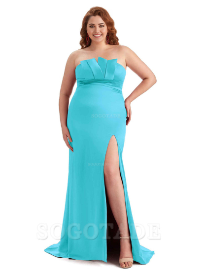 Sexy Side Slit Sleeveless Mermaid Soft Satin Long Plus Size Wedding Party Dresses For Wedding