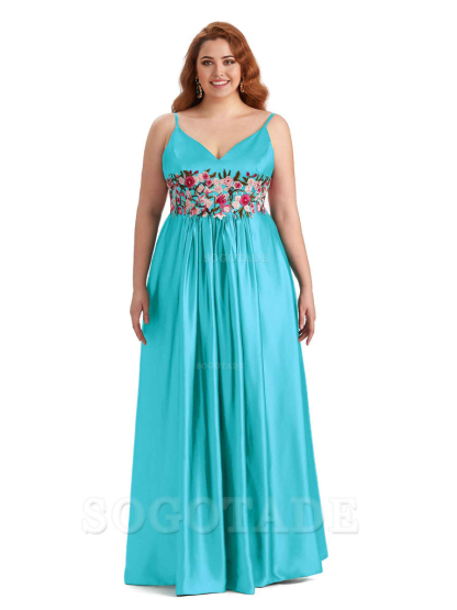 Unique Lace Spaghetti Straps Sleeveless Soft Satin Long Plus Size Bridesmaid Dress For Wedding