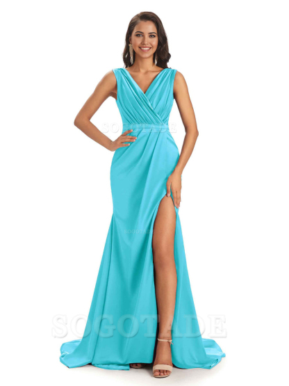A-line V-neck Floor-Length Satin formal dresses evening gown Bridesmaid Dresses With Side Slit 