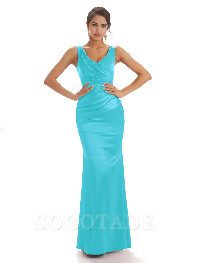 Sheath Sleeveless V-neck Floor-Length Satin formal dresses evening gown Bridesmaid Dresses With Pleats 
