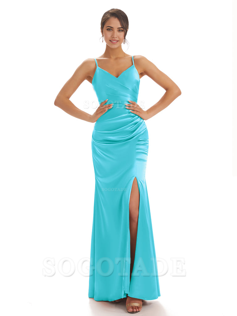 Spaghetti Straps Pleats Satin formal dresses evening gown Bridesmaid Dresses With Side Slit 