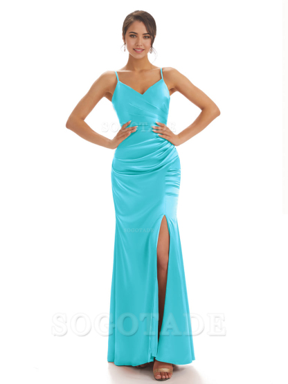 Spaghetti Straps Pleats Satin formal dresses evening gown Bridesmaid Dresses With Side Slit 
