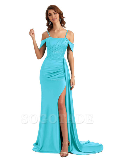 Sexy Side Slit Cold Shoulder Mermaid Satin Chic Long Wedding Guest Dresses