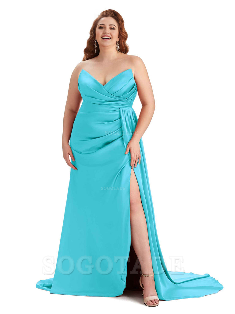 Sexy V-neck Side Slit Sleeveless Mermaid Soft Satin Long Plus Size Bridesmaid Gowns
