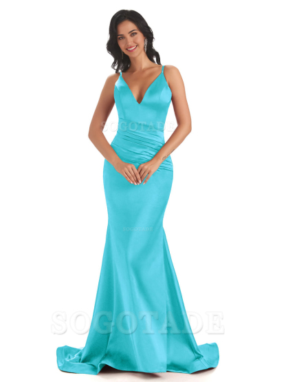 Mermaid Spaghetti V-Neck Straps Satin Long formal dresses evening gown Bridesmaid Dresses With Side Slit 