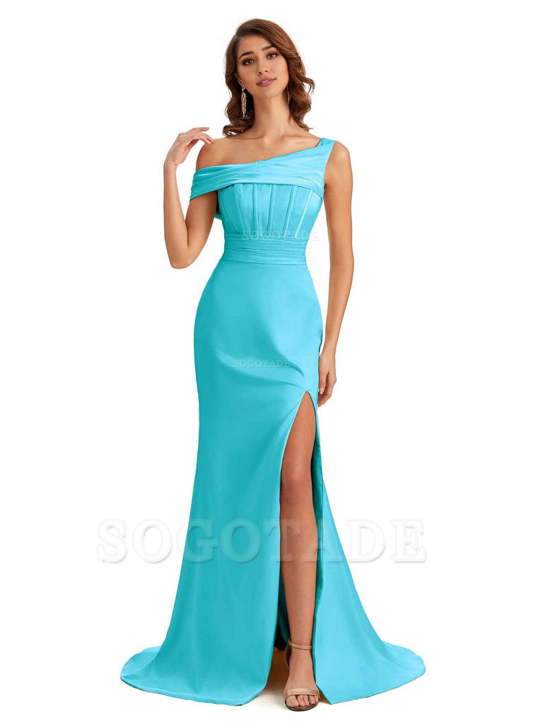 Elegant Asymmetrical Neck Soft Satin Side Slit Long Mermaid Bridesmaid Dresses