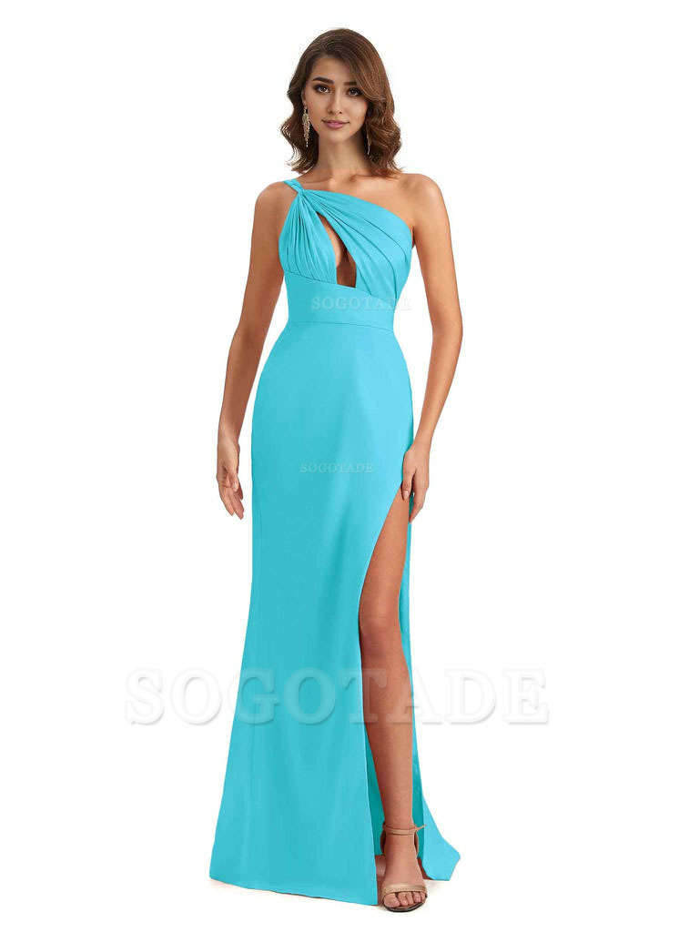 Sexy One Shoulder Silky Satin Unique Long Ladies Bridesmaid Dress For Wedding