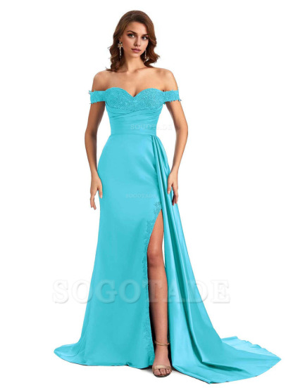 Sexy Off The Shoulder Mermaid Side Slit Silky Satin Long Bridesmaid Dress For Wedding