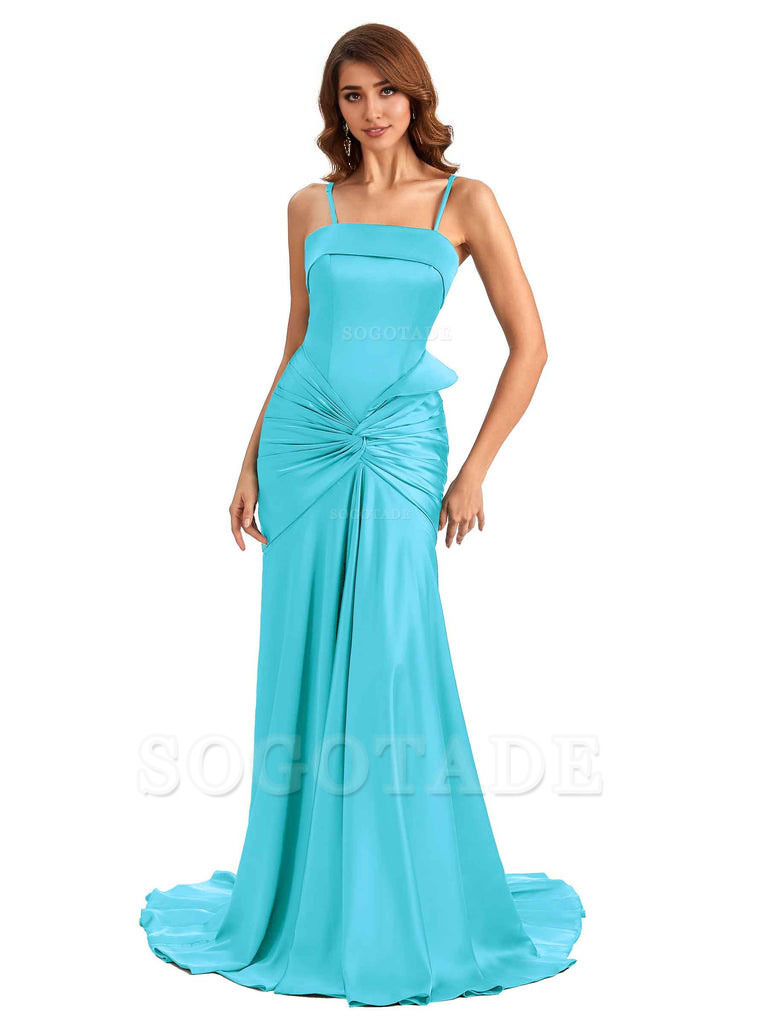 Sexy Mermaid Spaghetti Straps Silky Satin Unique Long Bridesmaid Dress For Wedding