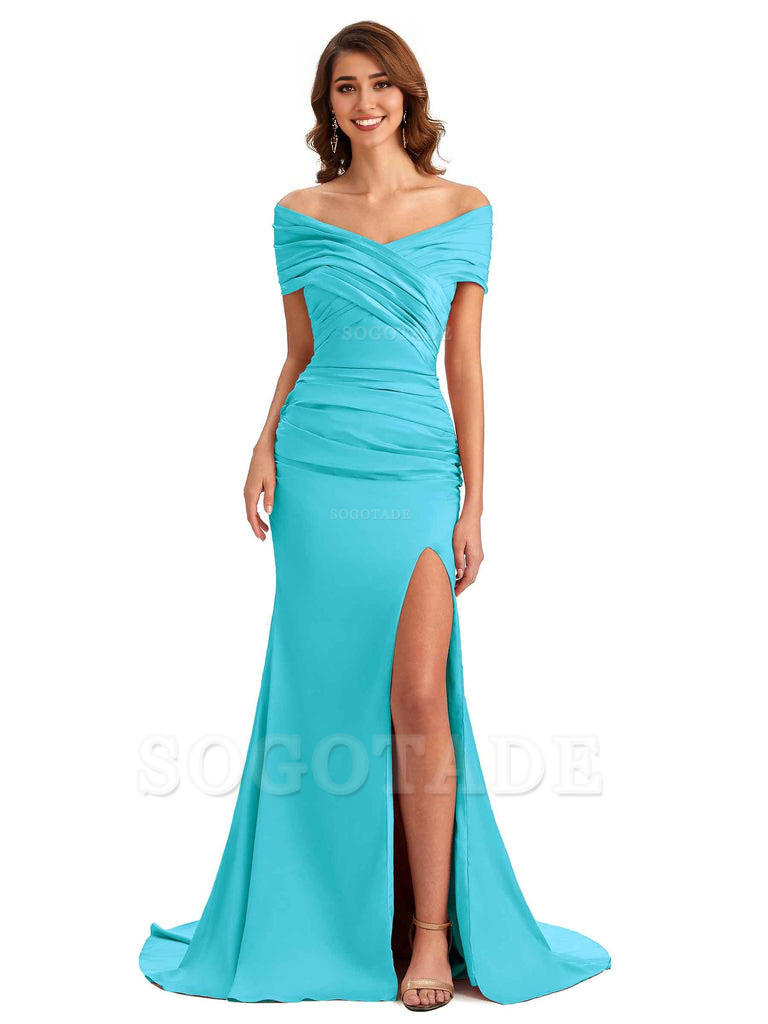 Sexy Off The Shoulder Side Slit Mermaid Satin Unique Long Formal Wedding Guest Dresses