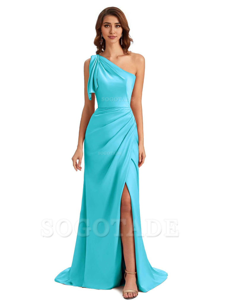 Sexy One Shoulder Mermaid Side Slit Unique Silky Satin Bridesmaid Dresses 
