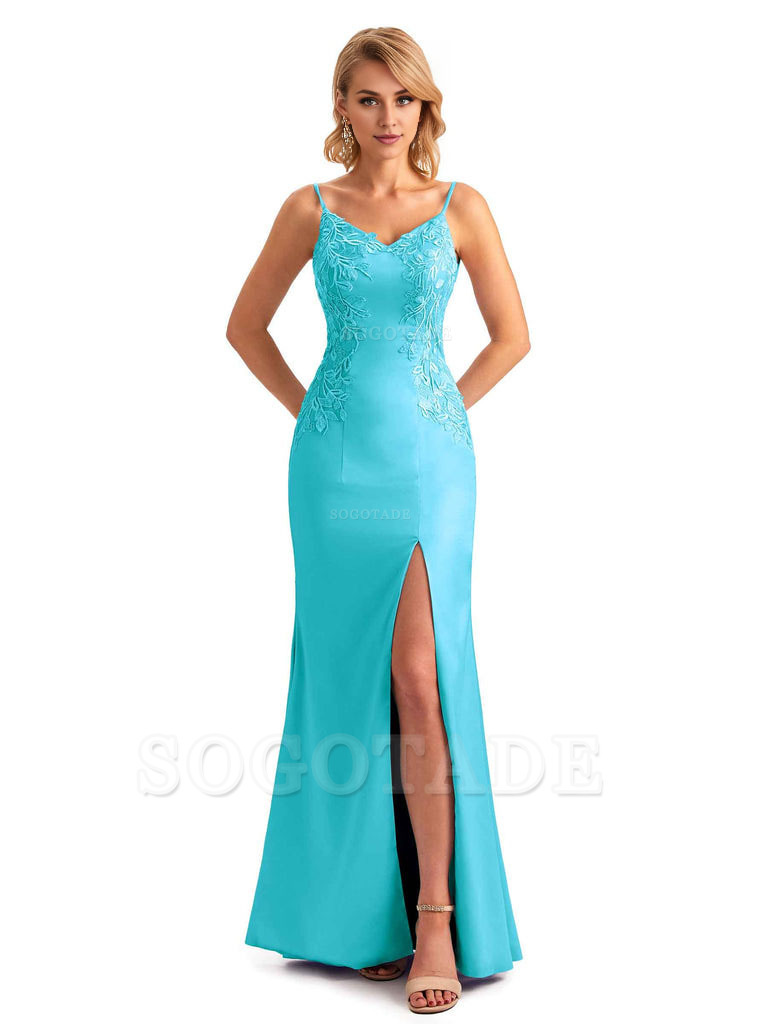 Sexy Side Split Mermaid Spaghetti Straps Soft Satin Unique Lace Long Bridesmaid Dresses