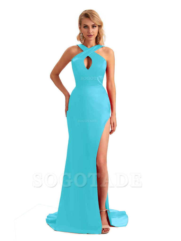 Sexy Side Slit Halter Mermaid Silky Satin Unique Long Formal Wedding Bridesmaid Dresses
