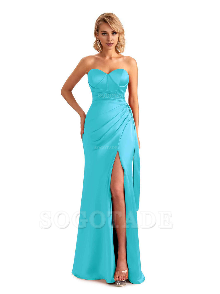 Sexy Side Slit Strapless Mermaid Soft Satin Unique Long Bridesmaid Dress For Wedding