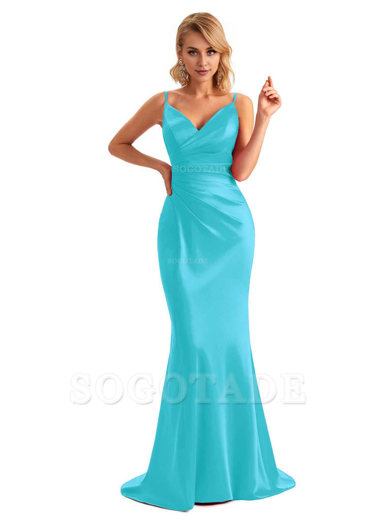  Sexy Backless Mermaid Spaghetti Straps Unique Long Formal Satin Dress For Women