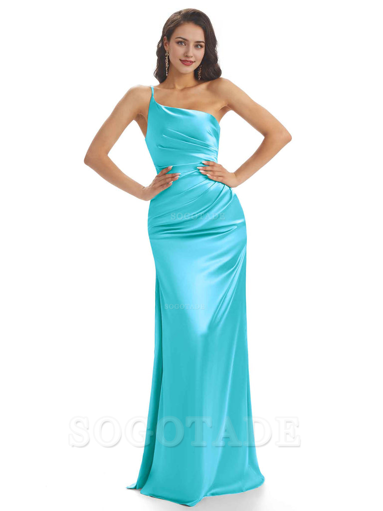 Sexy Soft Satin One Shoulder Side Slit Mermaid Long Bridesmaid Dresses prom dress shop ﻿