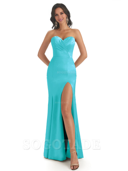 Simple Soft Satin Side Slit Sweetheart Long Mermaid Bridesmaid Dresses Elegant Evening Party Dress