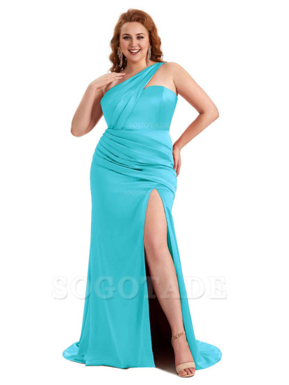 Sexy Side Slit One Shoulder Mermaid Soft Satin Long Plus Size Matron of Honor Dress For Wedding