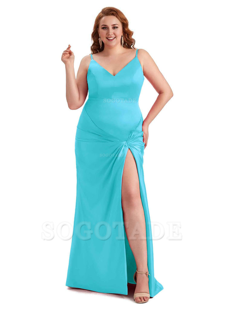 Sexy Spaghetti Straps V-neck Side Slit Mermaid Soft Satin Long Plus Size Bridesmaid Dress