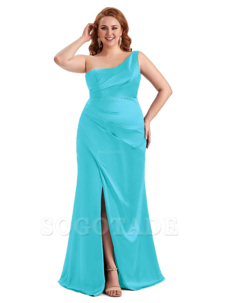 Sexy Side Slit One Shoulder Mermaid Long Plus Size Satin Maxi Dresses