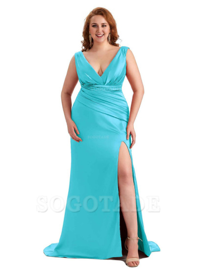 Elegant V-neck Side Slit Mermaid Soft Satin Long Plus Size Bridesmaid Dress For Wedding