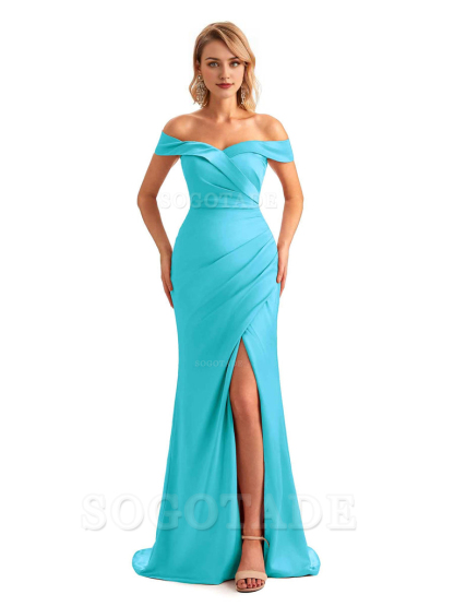 Off Shoulder Side Slit Mermaid Silky Satin Unique Long Formal Wedding Guest Dresses Online
