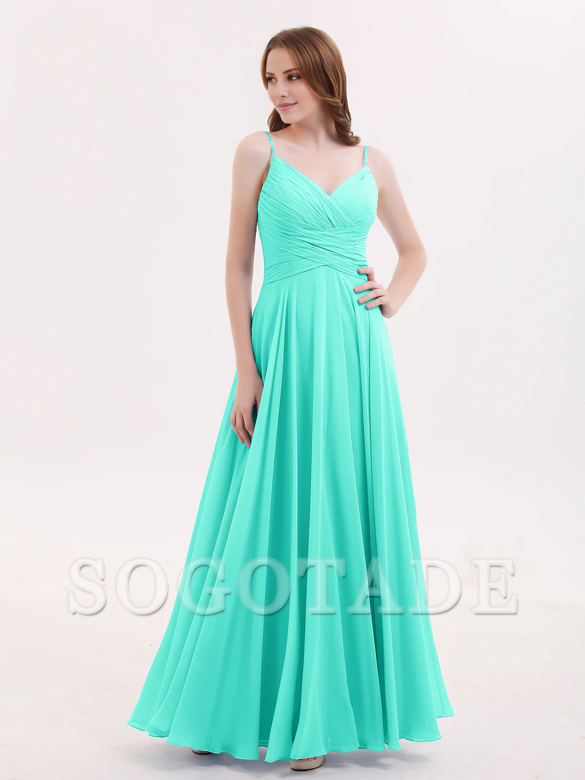 V-neck Fine Shoulder Strap Floor Length Chiffon Bridesmaid Dresses Online