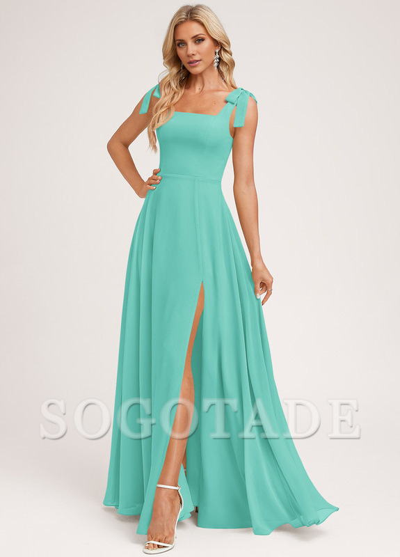 A-shaped square bow landing chiffon bridesmaid dress