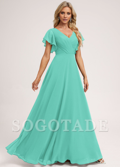 Ruffle A-line V-neck and floor chiffon bridesmaid dress