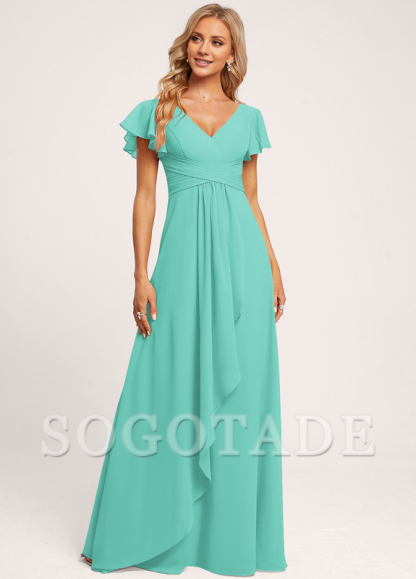 Ruffle A-line V-neck and floor chiffon bridesmaid dress