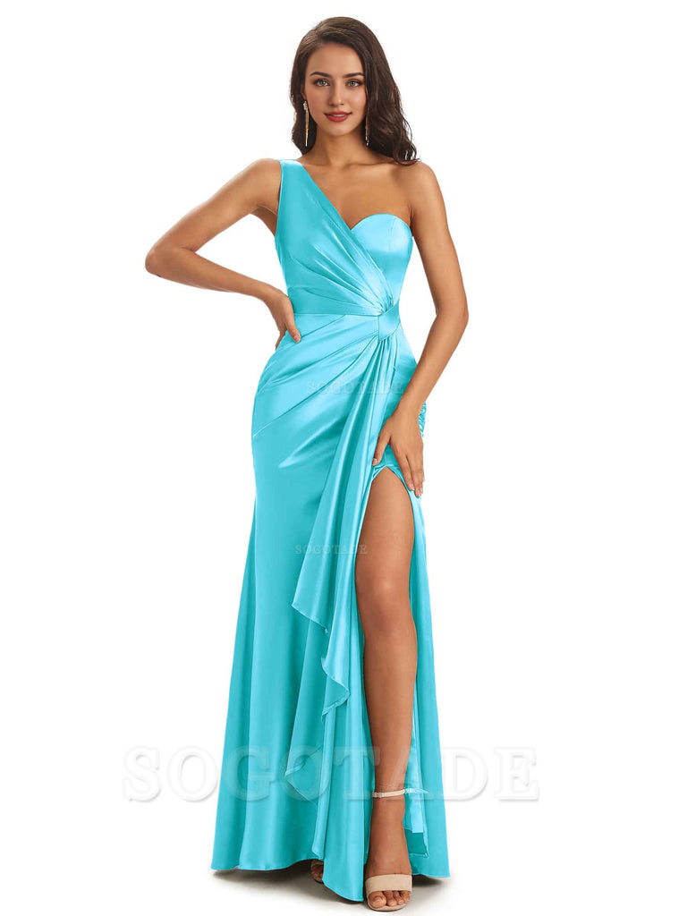 Elegant Soft Satin Side Slit One Shoulder Unique Mermaid Bridesmaid Dresses Online prom dresses shops