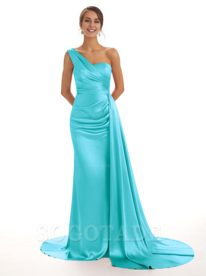 Elegant One Shoulder Soft Satin Unique Mermaid Long Bridesmaid Dresses Online prom dresses shops