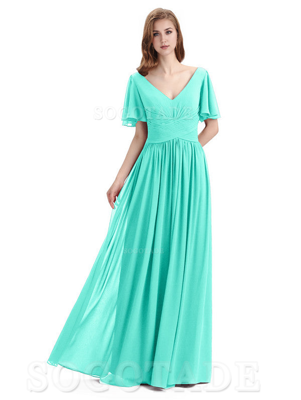 A-Line Chiffon Short Sleeves Elegant Floor-Length Bridesmaid Dresses Formal Women's Dresses Wedding Guests Dresses