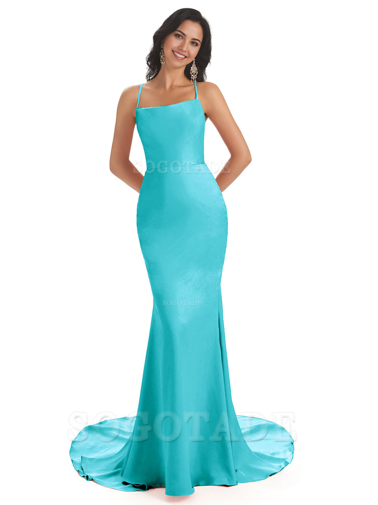 Mermaid Spaghetti Backless Straps Satin Long formal dresses evening gown Bridesmaid Dresses