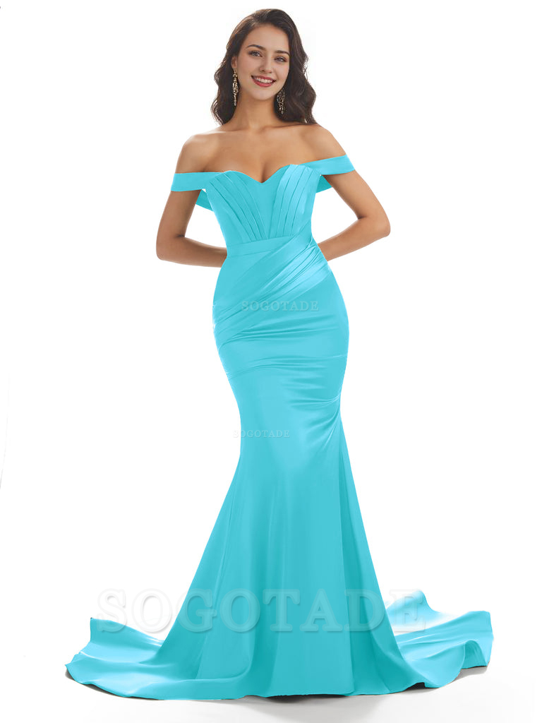 Sexy Mermaid Off The Shoulder Floor-Length Long Soft Satin Bridesmaid Dresses Online prom shop dresses