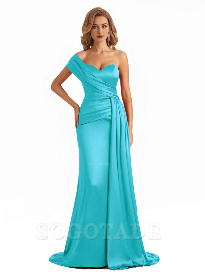 Elegant One Shoulder Soft Satin Long Mermaid Bridesmaid Dresses Online prom shop dresses ﻿