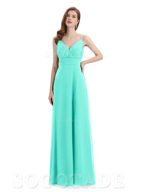 Chiffon V-Neck Spaghetti Strap Floor-Length Side Fork Long Bridesmaid Dresses Formal Women's Dresses Wedding Guests Dresses