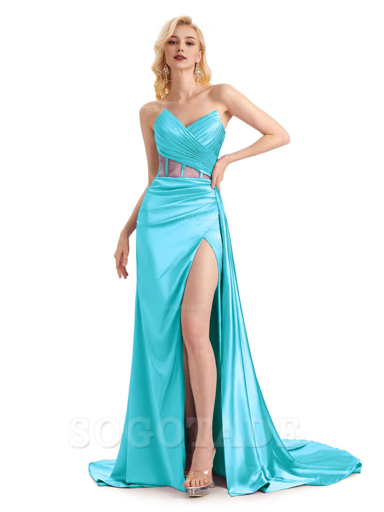 Sexy Soft Satin Side Slit See Through Floor-Length Long Mermaid Bridesmaid Dresses prom shop dresses