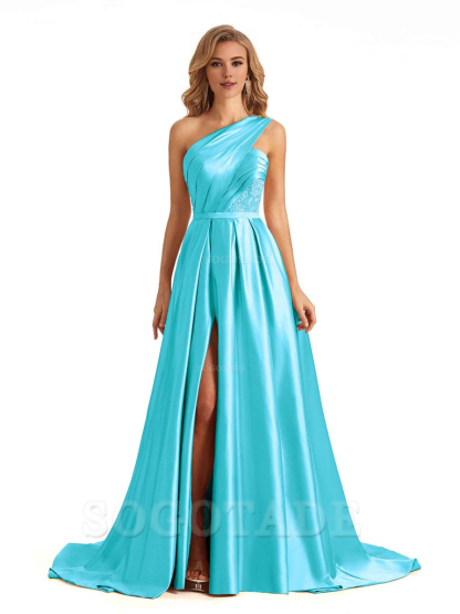 Sexy Side Slit One Shoulder A-Line Soft Satin Long Bridesmaid Dresses Online prom dress in store