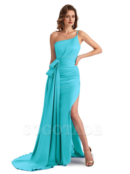 Sexy Side Slit Mermaid Silky Satin One Shoulder Modern Maxi Bridesmaid Dresses