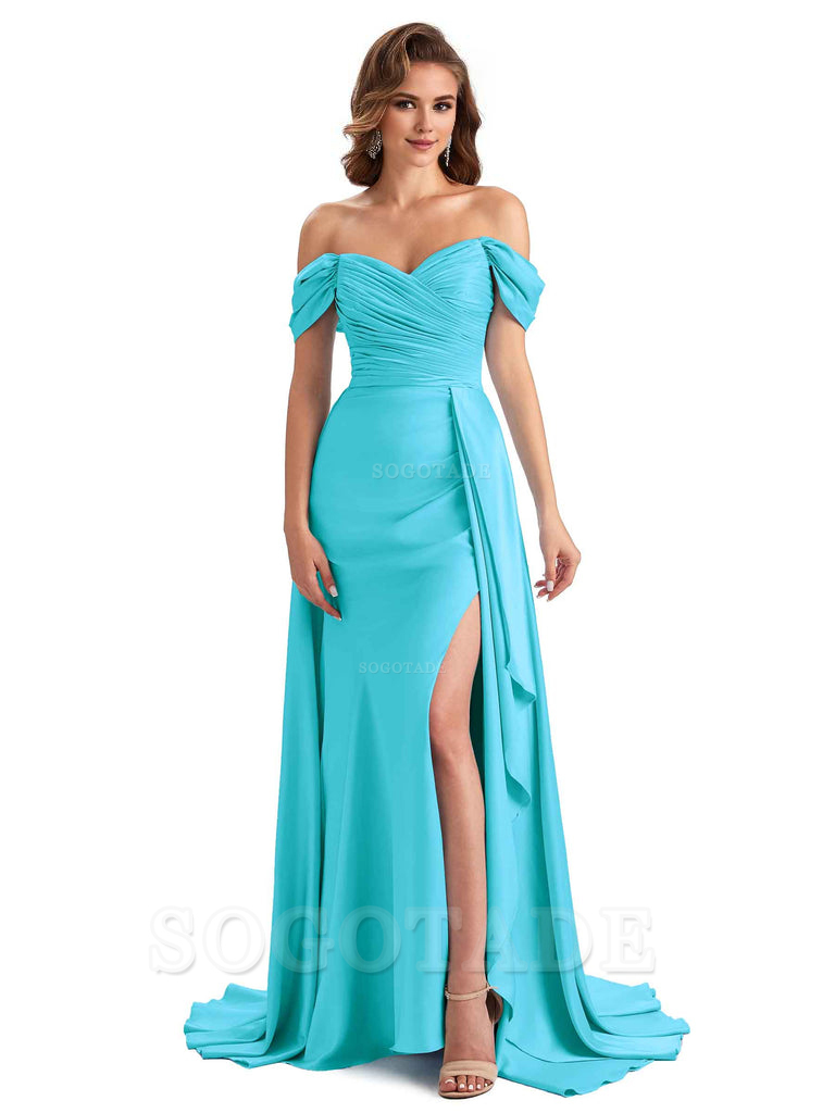 Sexy Side Slit Mermaid Soft Satin Off The Shoulder Long Unique Bridesmaid Dresses prom dress in store